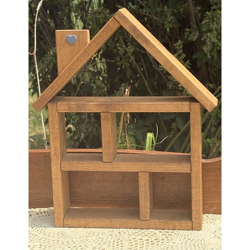 Vintage Wooden Wall Display Shelf House Shaped with Roof Chimney 17.5" X 11.5"